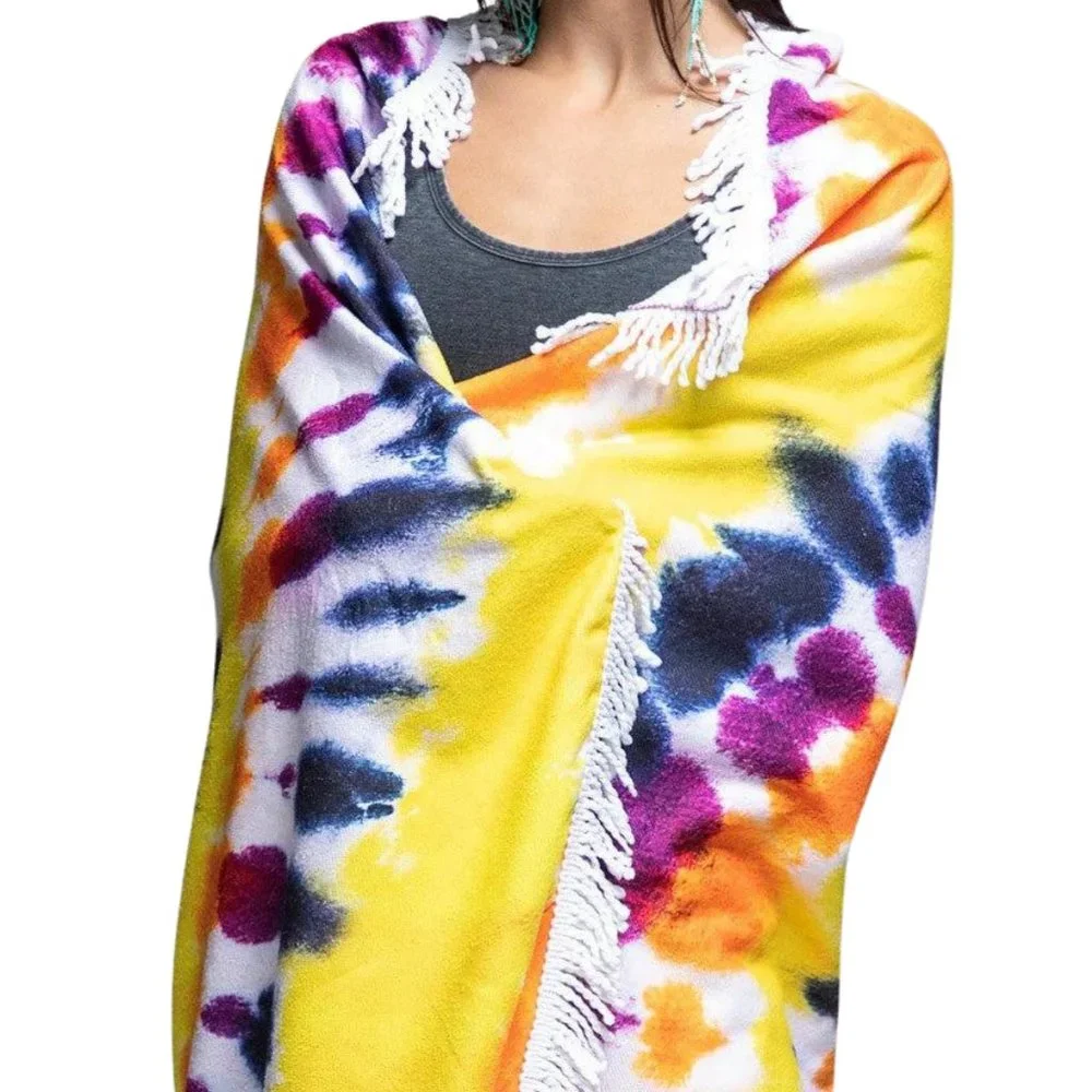 Tie-Dye Beach Towel From Ruggine Fringe Accents Large 58" Diameter Yellow Navy+ - Picture 2 of 3